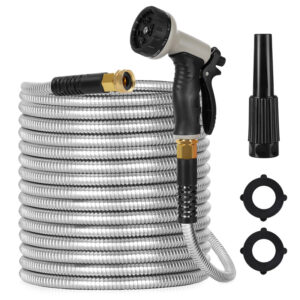100ft Stainless Steel Garden Hose, Flexible Kink-Free, 10-Pattern Nozzle