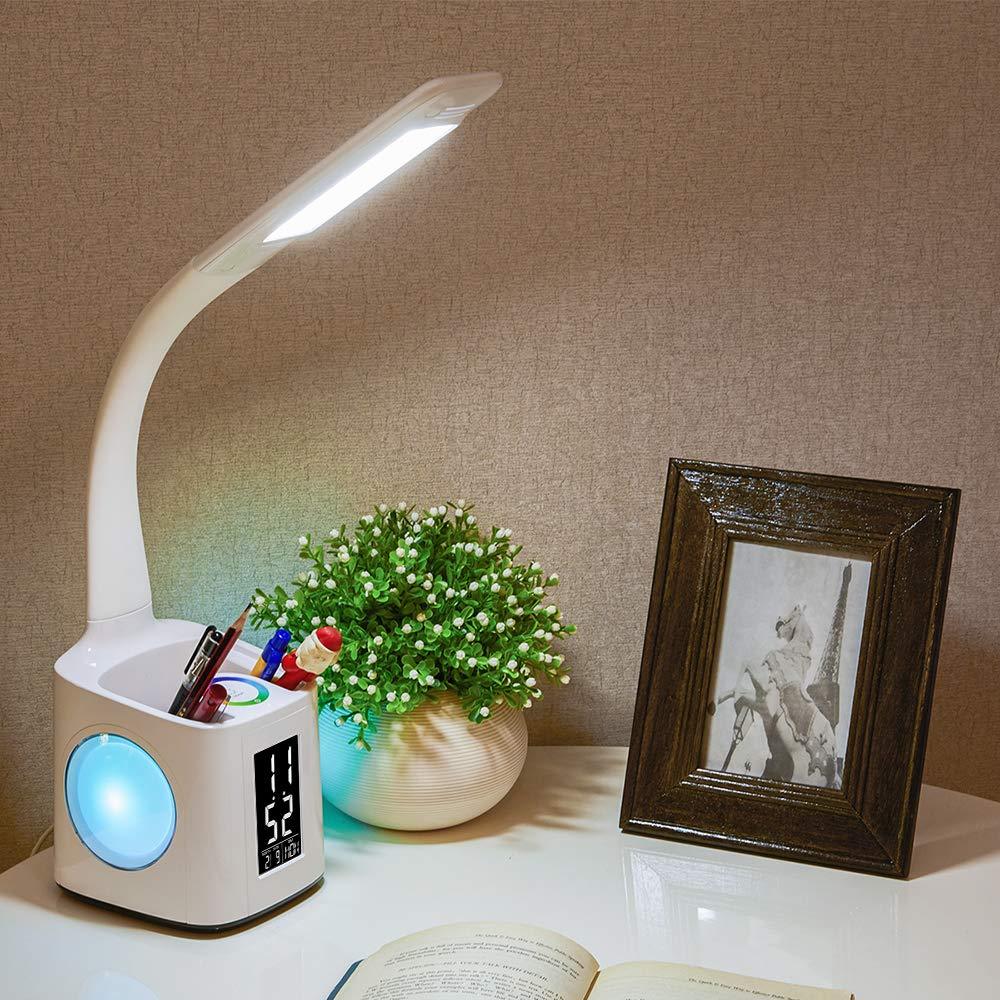 LED Desk Lamp with USB Charging, Clock & Pen Holder