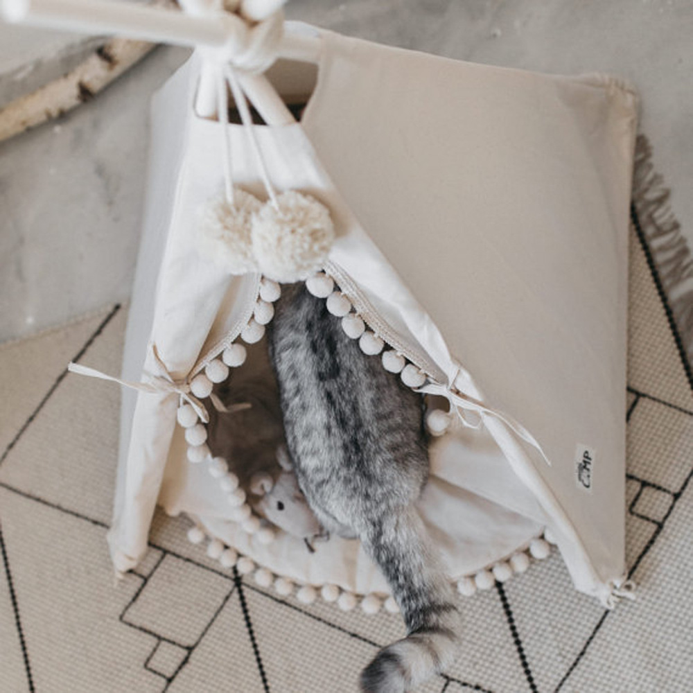 Pet Teepee Tent Bed - Canvas Pine Wood House for Cats and Small Dogs - Image 5