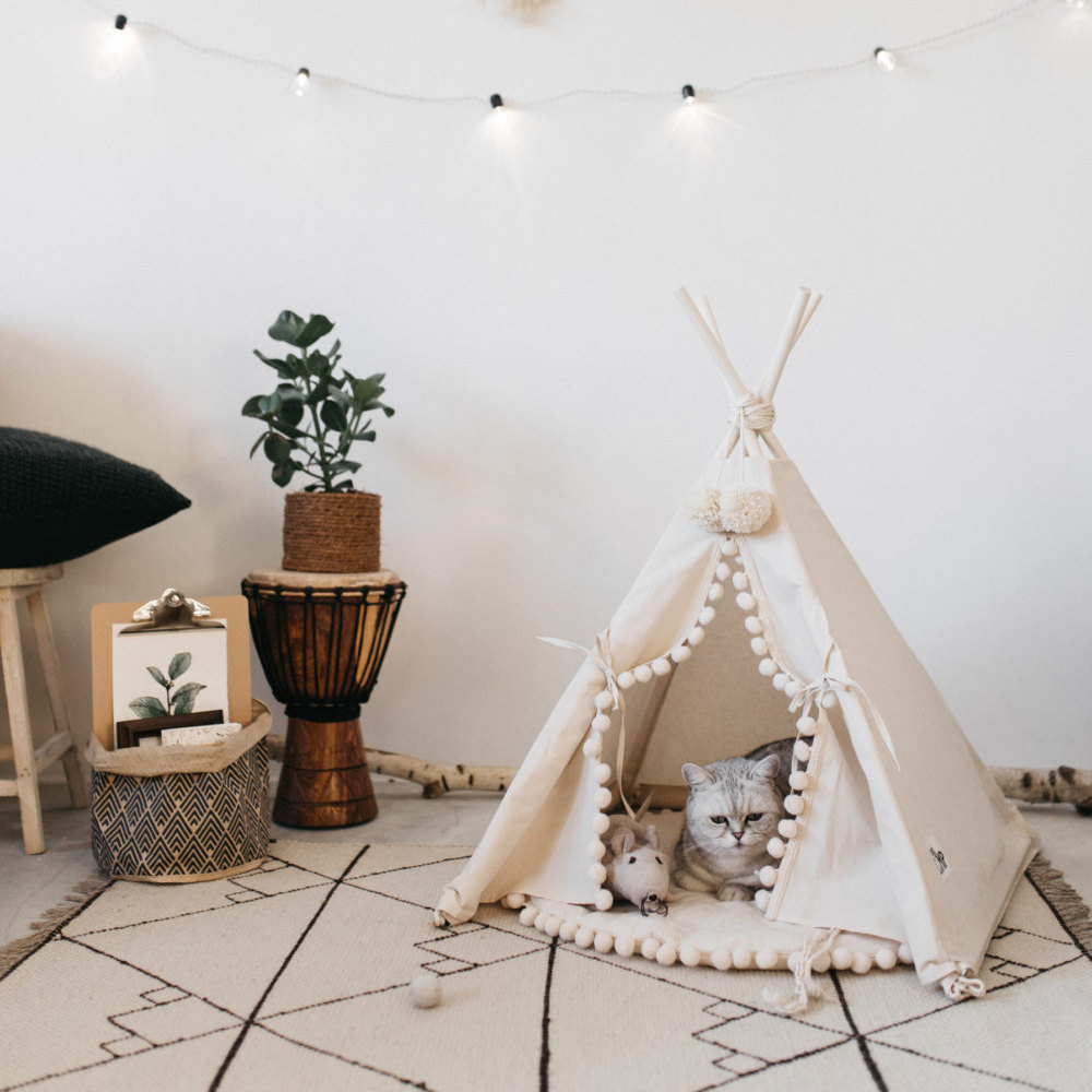 Pet Teepee Tent Bed - Canvas Pine Wood House for Cats and Small Dogs - Image 3