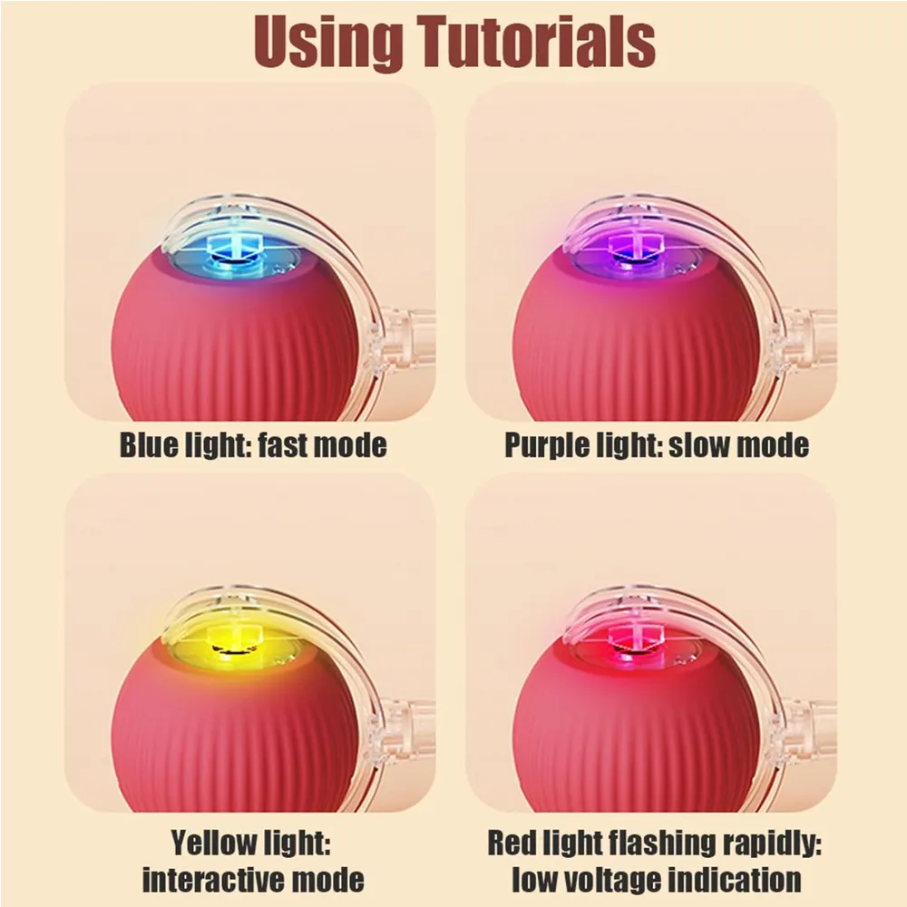LED color guide for interactive cat ball: blue fast mode, purple slow mode, yellow interactive mode, red low battery